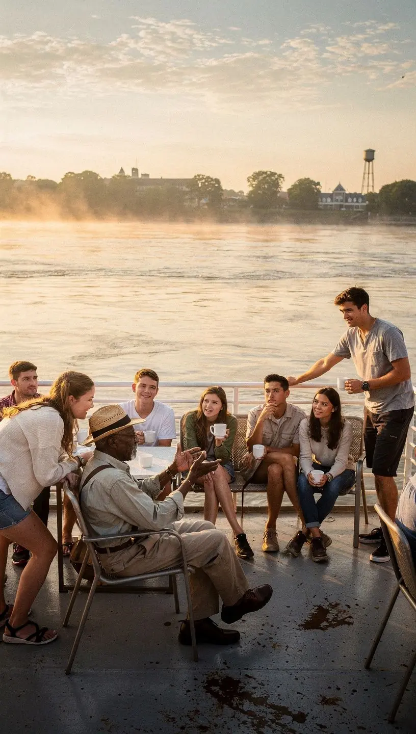 Пейзаж с лодками на реке, окруженными густыми деревьями и растительностью.
