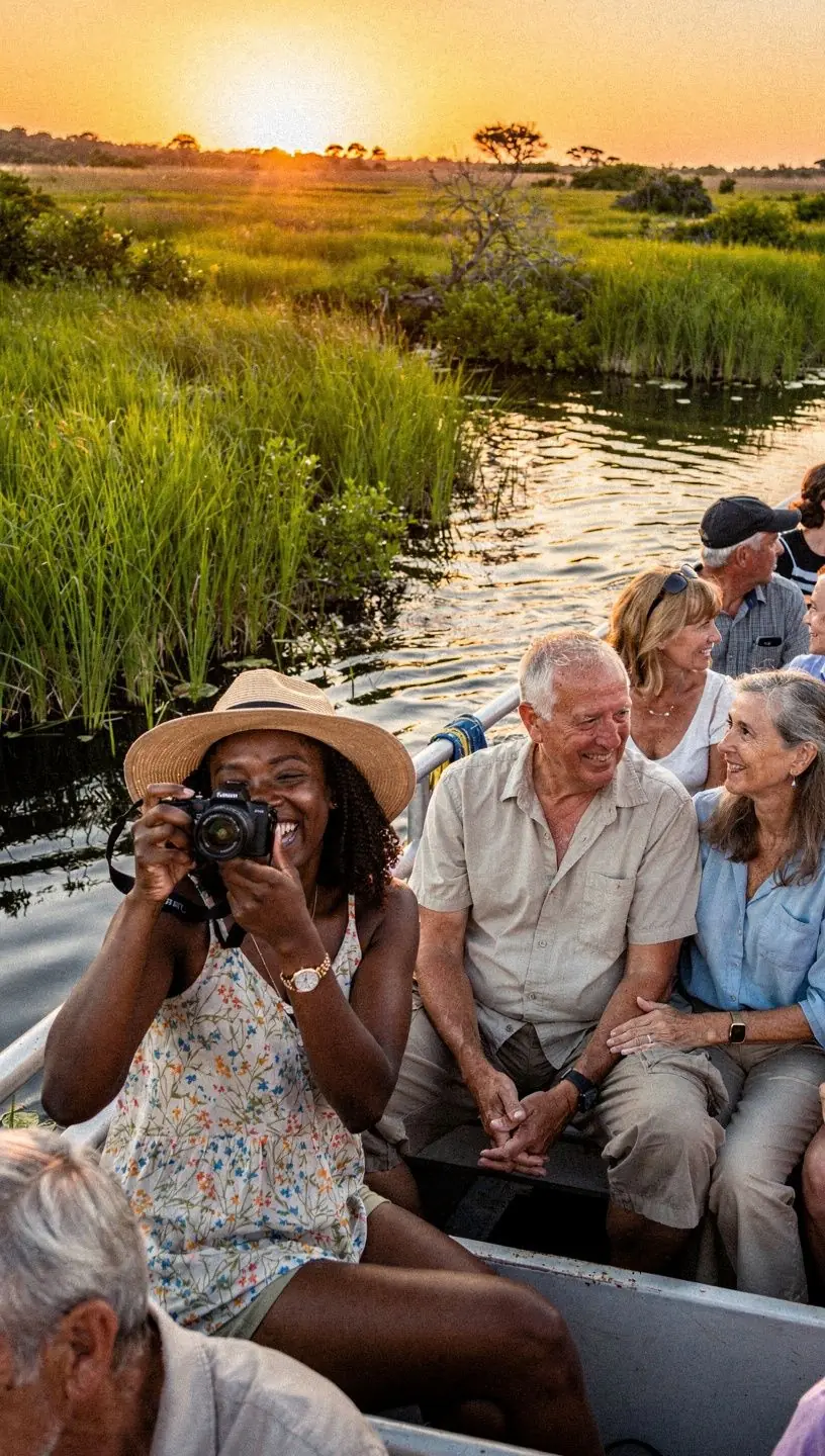 Крупный план на культурные элементы дельты, включая местные ремесла и традиционные музыкальные инструменты.