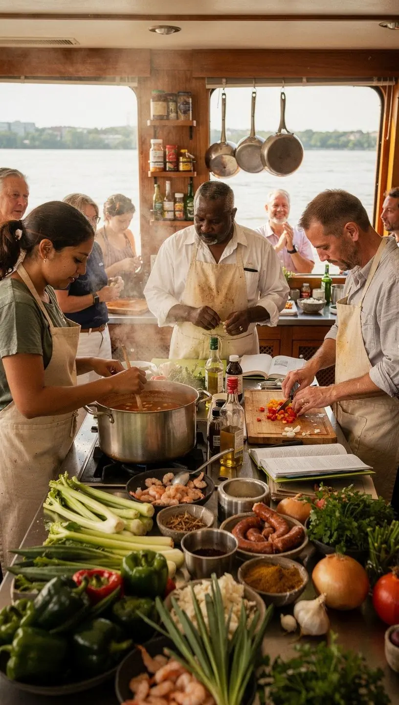 Закат над рекой Миссисипи, создающий живописный фон для круизного корабля, плывущего по спокойной воде.
