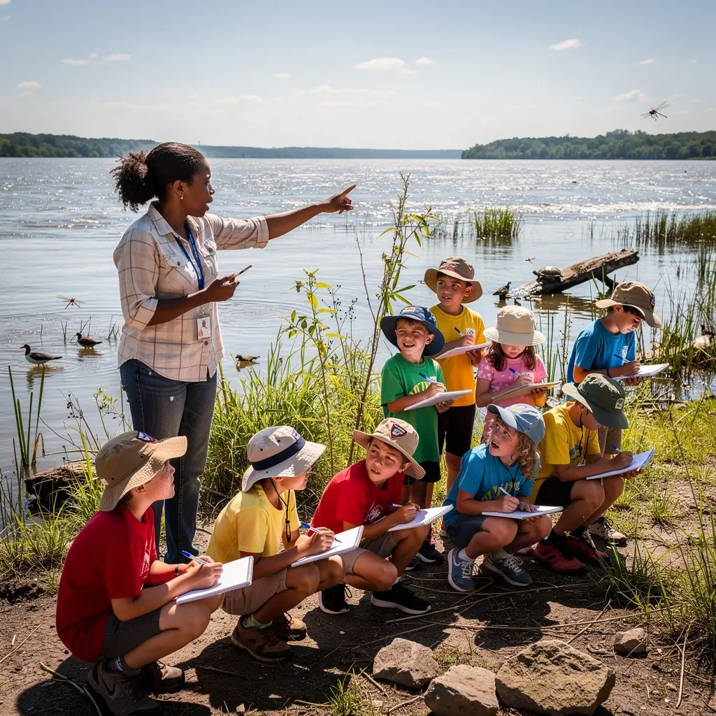Панорамный вид на круизный корабль, плывущий по реке Миссисипи, окруженный зелеными берегами и историческими зданиями.