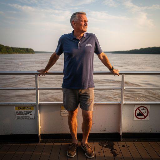 Панорама реки Миссисипи с круизным теплоходом на фоне заката.