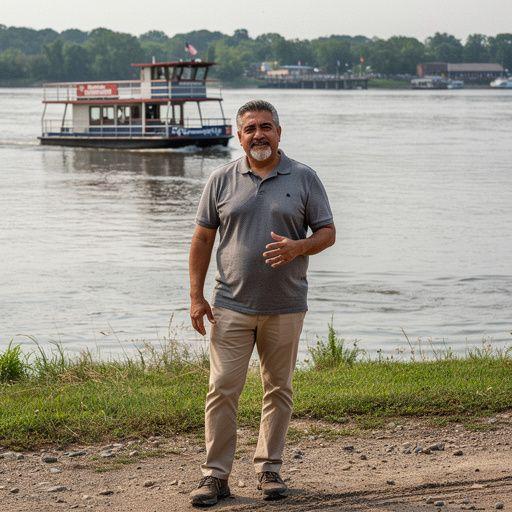 Круизный теплоход, проходящий мимо живописных дельтовых пейзажей.